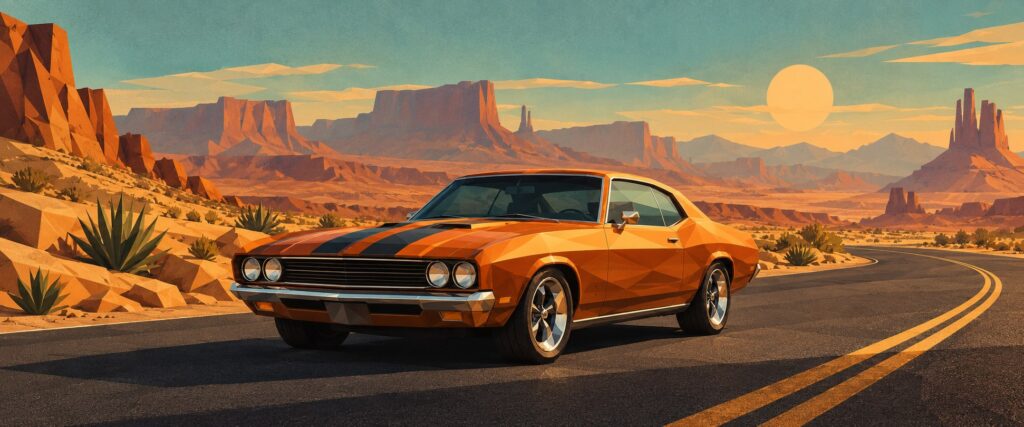 Oranžový klasický automobil na pouštní silnici v retro polygonálním stylu